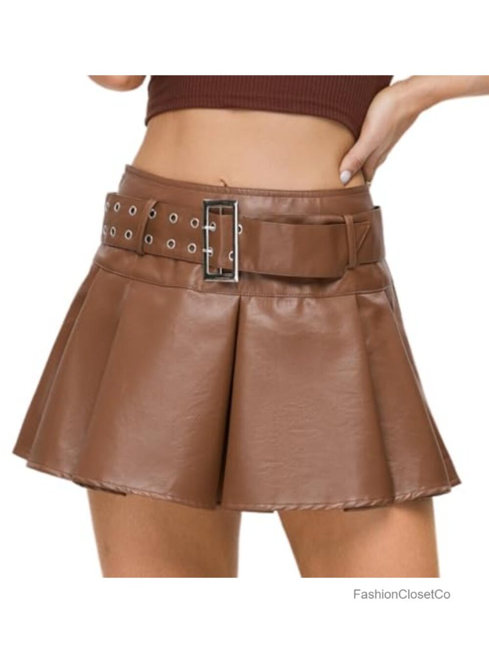 Y2K Mini Skirt Buckle Belted High Waisted Pleated Flare PU Faux Leather Short
